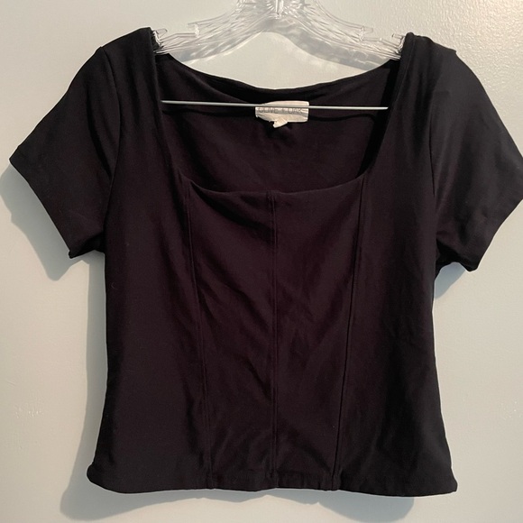 Olive & Oak Women’s Black Short Sleeve Corset Tee Large Square Neck Stretch Soft - Picture 6 of 14